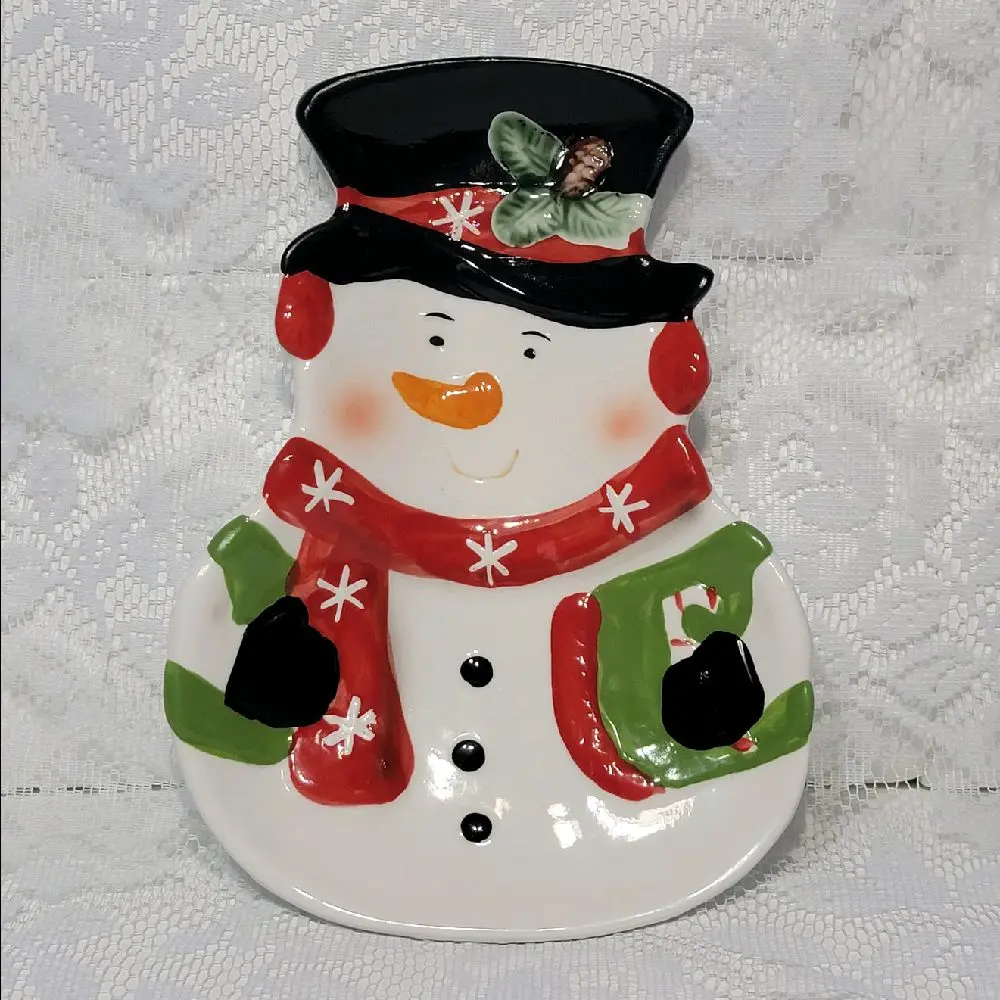 Festive Snowman Holiday Cookie Dessert Plate Christmas Treat Ceramic Candy Dish with Red Scarf & Green Sweater Black Mittens Design