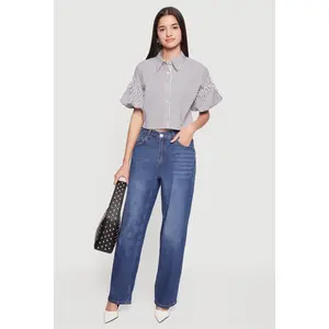 Striped Bubble Sleeve Cropped Blouse
