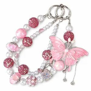 Handmade Crystal Butterfly Car Key Fob Holder, Elegant Beaded Tassel Keychain for Her, Girly Car Interior Accessories, Bling Purse Charm & Phone Lanyard outdoorfun