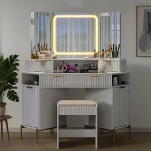 48" Modern Corner Vanity Desk Set with LED Light, Multi-Functional Dressing Table for Bedroom Storage 48" Modern Corner Vanity Desk Set with LED Light, Multi-Functional Dressing Table for Bedroom Storage