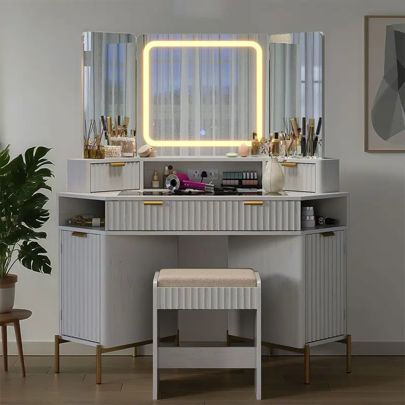 green emerald velvet dress White Corner Dressing Table with Bulbs, 5 Drawers LED Vanity Desk with  Stool – CLIPOP furniture main image 1