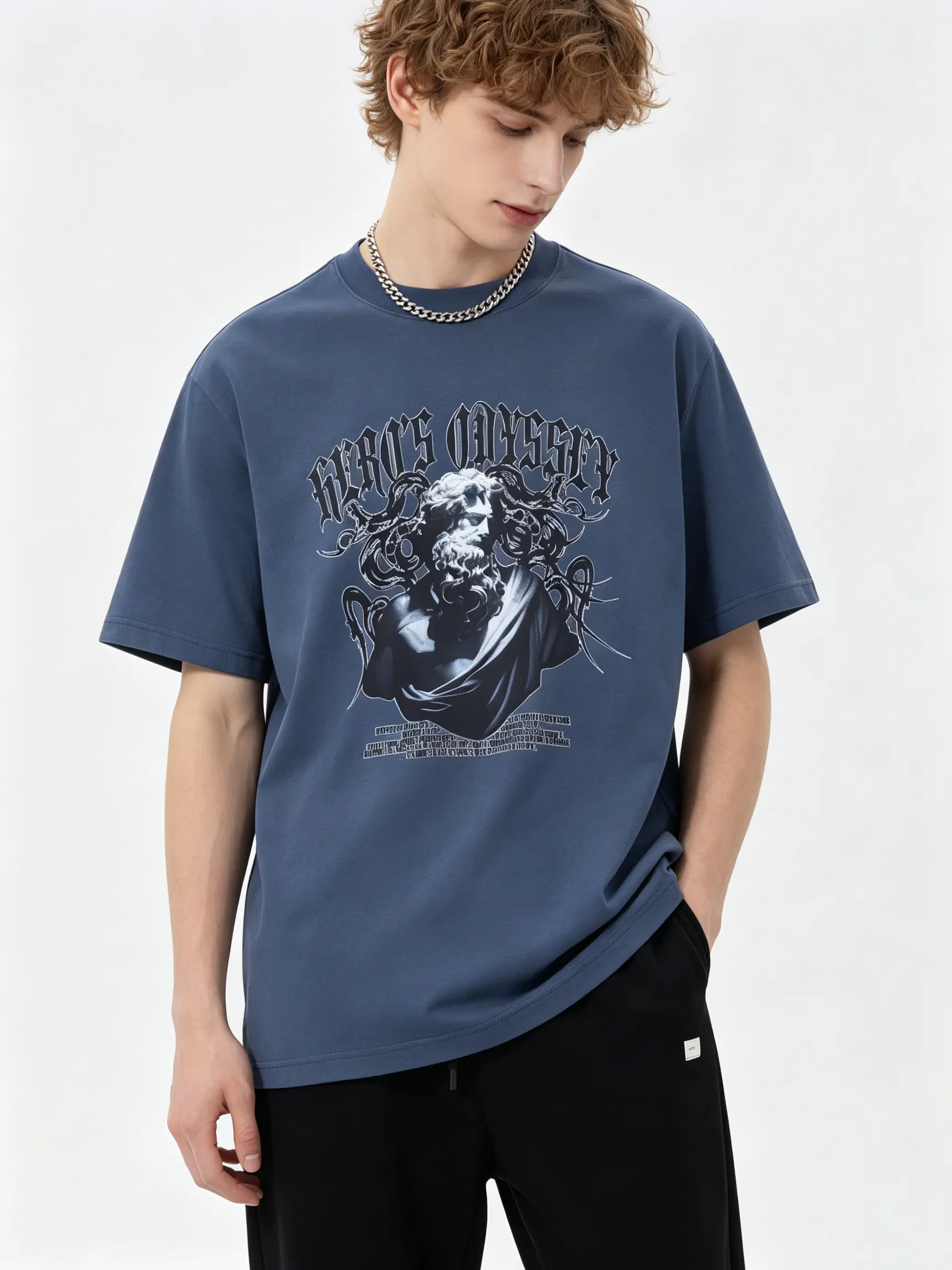 Men's Poseidon Graphic T-Shirt, Oversized Loose Fit Street Style Top in Vintage-Washed 100% Cotton, Casual Summer Crewneck, Baggy