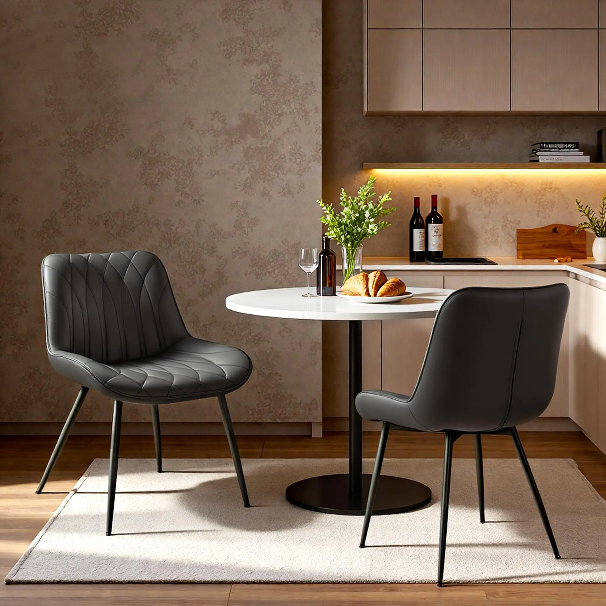 Garvee Set of 2 Modern Dining Chairs – Upholstered Faux Leather Seat, Curved Backrest, Sturdy Metal Legs – Mid Century Style for Kitchen & Dining Room – Black