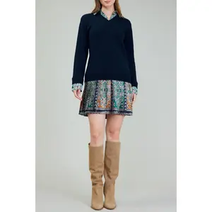 Long-Sleeve V-Neck Sweater Dress with Collar - Navy Multicolor Casual Breathable Comfort Cotton Fabric Fashion Soft Womenswear Chic Comfortable Elegant Evening