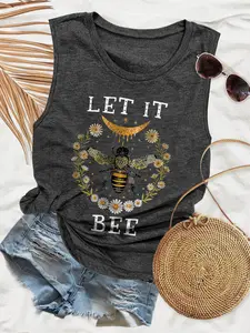 Women's Vintage Bee & Floral Print Round Neck Tank Top, Casual Boho Bohemian Sleeveless Top for Summer, Ladies Clothes Womenswear for Daily Wear, Socks