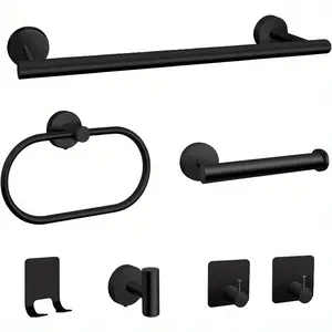 7-piece bathroom hardware set, matte black stainless steel bathroom shelf set, wall-mounted, includes 16inch towel bar, toilet paper holder, towel ring, and 4 robe/towel hooks