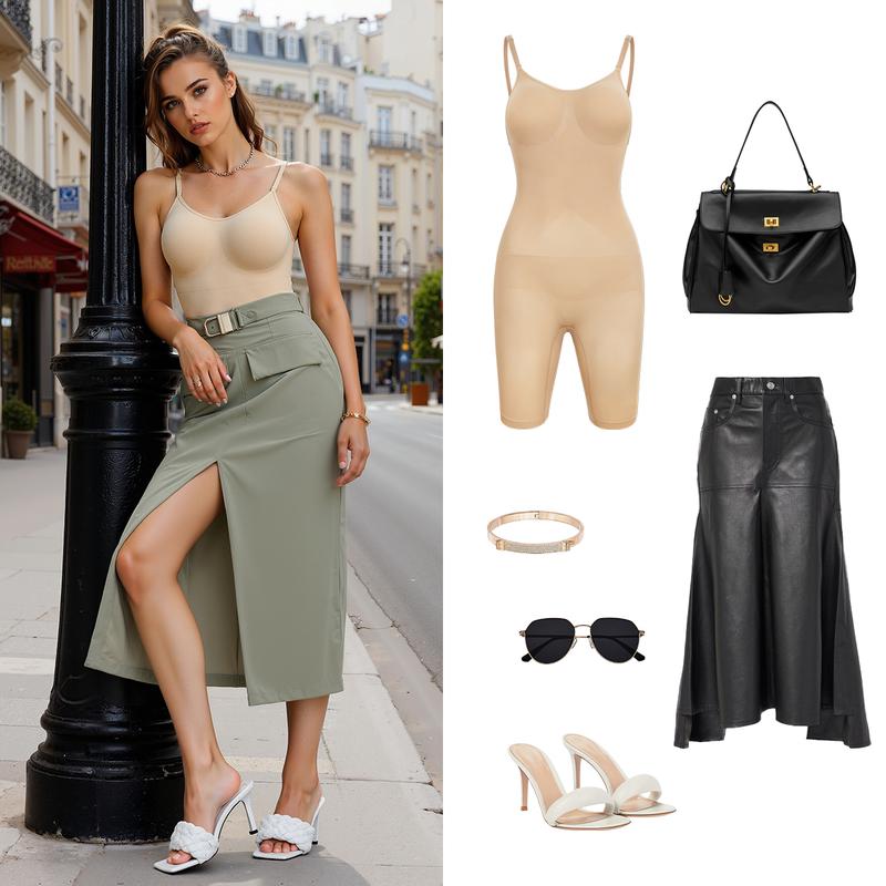 Nebility Women's Seamless V-Neck Bodysuit - Full Body Stretchy Shapewear, High Waist Shaping, Comfortable Breathable Fabric, Basic Black (Fitted) Minimalist Womenswear Black(Fitted)