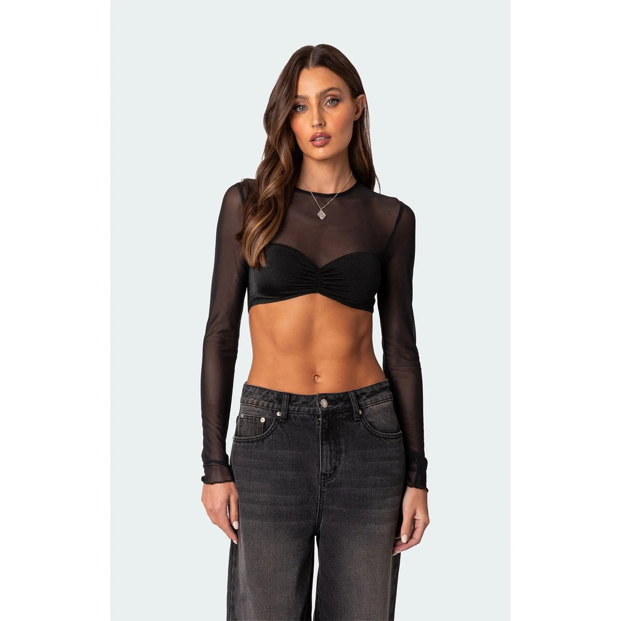 Edikted Women's Night Out Sheer Long Sleeve Crop Top