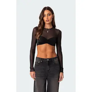 Edikted Women's Night Out Sheer Long Sleeve Crop Top