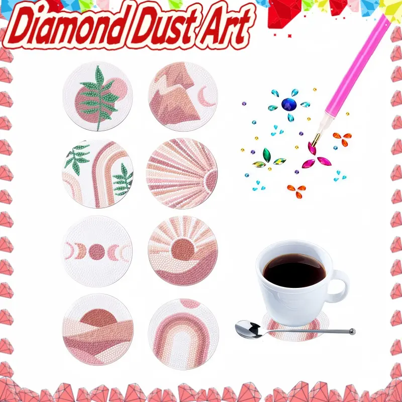 Pastel Landscape DIY Diamond Painting Coasters, Set of8 Wooden Round Coasters with Stand for Home, Kitchen& Coffee Shop #GLOBAL PICKS