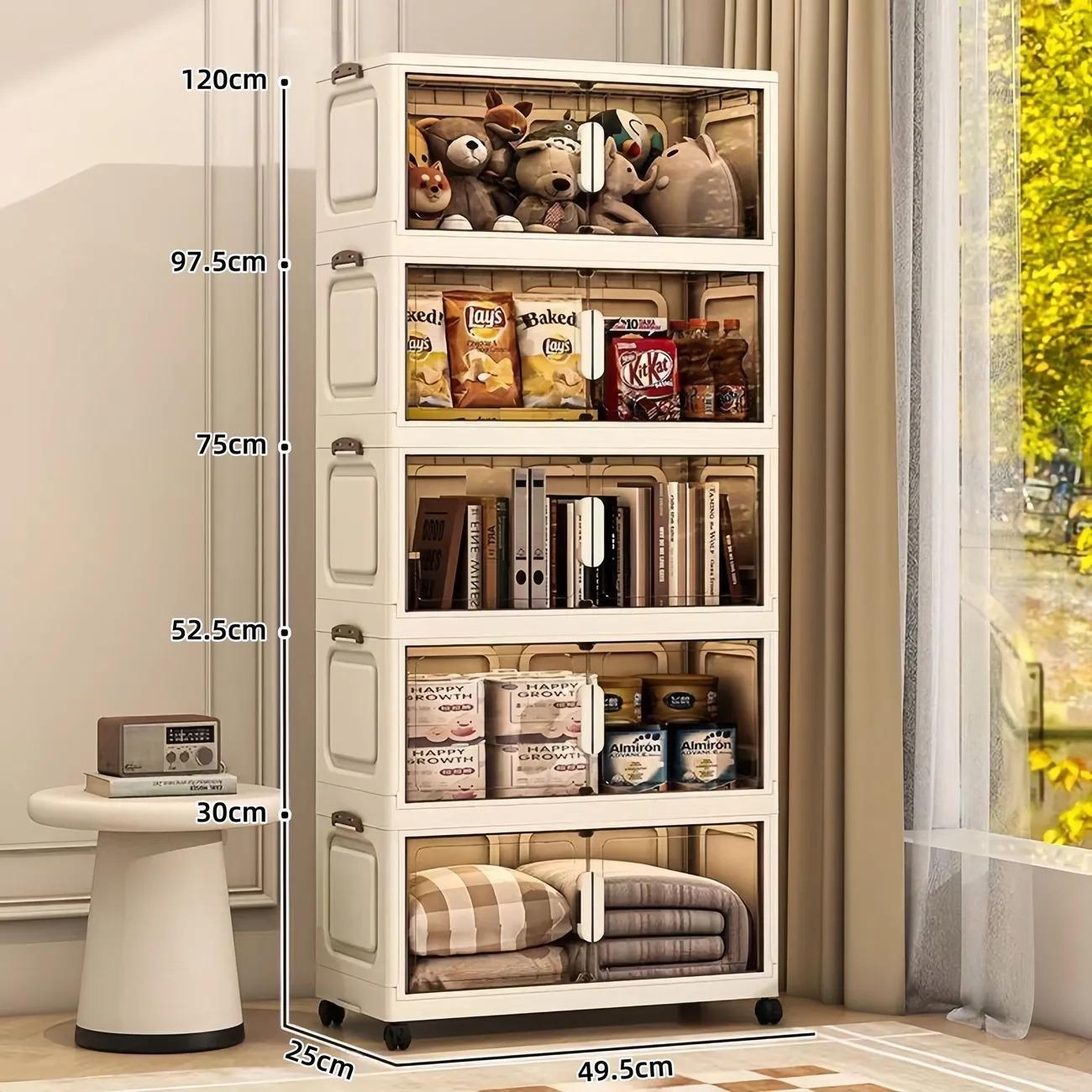 Foldable plastic storage cabinet with doors and wheels, suitable for large-capacity stacked storage in bedrooms, living rooms, and kitchens—high-quality, space-saving design, easy to assemble, magnetic closure, transparent doors