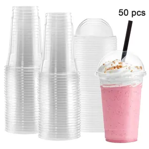 50 Clear Cups, Iced Coffee Cups, Plastic Old Drink Cups, Casual Juice Cups, Complete with Dome Lids, Straws, and Leak-Proof Liners—Perfect for Iced Coffee, Smoothies, and Frappuccinos. Reusable and Ideal for Everyday Use or Serving Drinks to Guests.