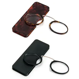 2 Pack Pinch Nose Clip on Reading Glasses Armless for Men Women, No Temple Slim Compact Readers Ultra Thin with Mini Portable Case, Black and Tortoise