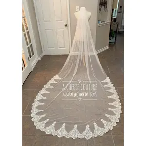 Style CV31 Wide Scallop Lace Cathedral Veil with Lace Drop and Trailing Design, Lace Drop Veil, Trailing Veil