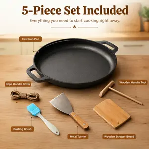 Thickened 11.81-inch/11.02-inch cast iron skillet with double handles, uncoated, non-stick for grilling, frying eggs, and making pancakes. Comes with a five-piece set including a heat-resistant rope, brush, wooden handle, and spatula.