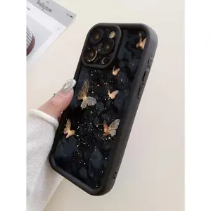 1pc Star Spotted Butterfly Design Shockproof Thickened Black Phone Case With Camera Protection, Compatible With IPhone 11 /12 /13 /14  /15 /16 Plus/16  ,16E, Galaxy A55/A15/S24 Ultra/S25 Ultra