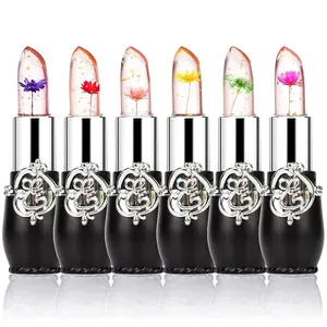 Pack of 6 Crystal Flower Jelly Lipstick, Long Lasting Nutritious Lip Balm Lips Moisturizer Magic Temperature Color Change Lip Gloss (Black)