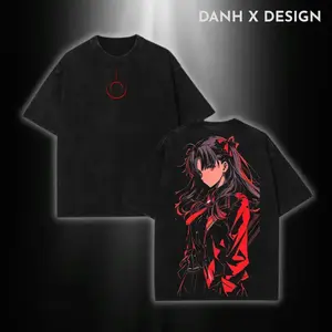 Men's Rin Tohsaka Fate Stay Night Round Neck Ribbed Fabric Graphic Oversized Vintage Cotton Short-Sleeve Seamless Retro Washed Anime Streetwear Otaku T-Shirt