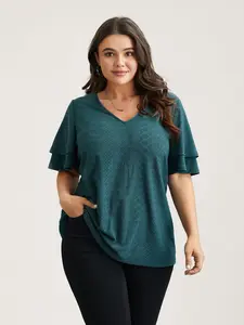【Summer Turn-Up】BlOOMCHIC Plus Size Jacquard Textured Lotus Leaf Sleeve Top in Cyan with Ruffle Sleeves & V-neck Design for Women SpringStatements [1x-6x] 2026 Summer Pick for Mother's Day