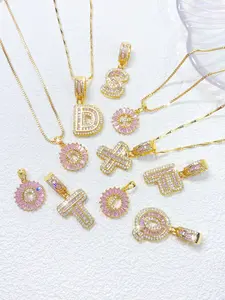 2 Set Luxury Initial Letter Copper Pink Synthesis Zircon Pendant Necklaces for Women Mother's Day Gift Fashion Alphabet Pendant Initial Necklace 14k Gold-Plated CZ Dainty Letter Necklaces Jewelry Gift Initials Necklace