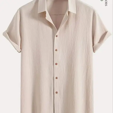 Men's Loose Breathable Solid Plain Button Front Collared Shirt, Casual Short Sleeve Collar Top for Summer, Fashion Men's Clothes for Daily Wear, National Day Offers, Buttoned Casual Shirt, Breathable Casual Clothing