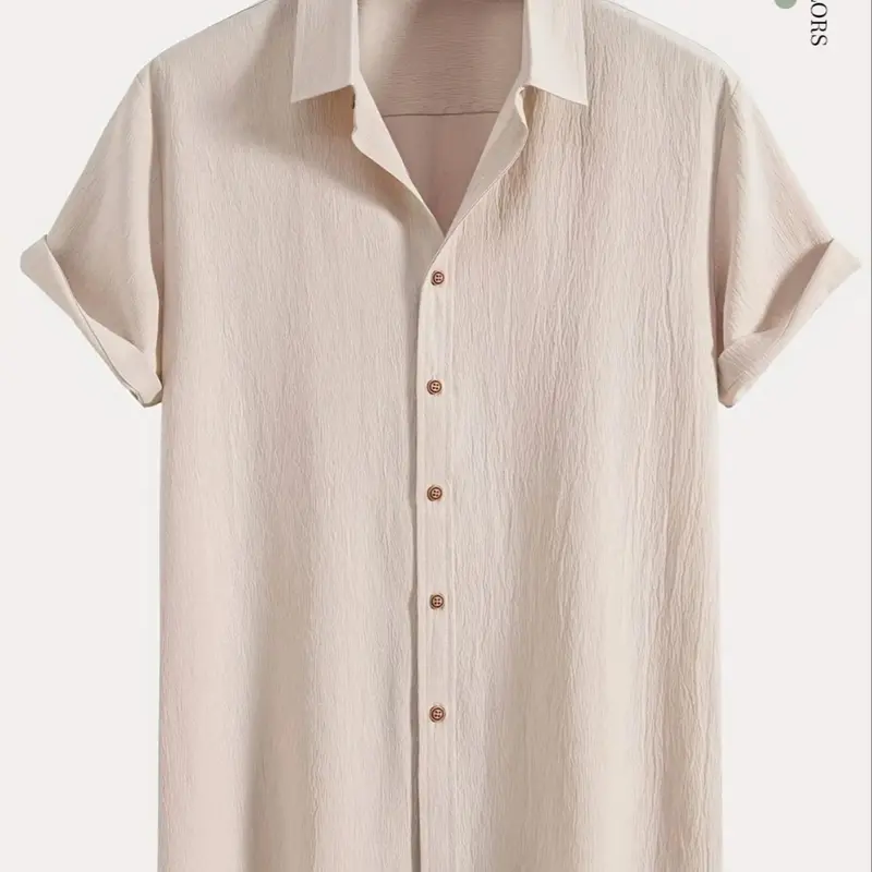 Men's Loose Breathable Solid Plain Button Front Collared Shirt, Casual Short Sleeve Collar Top for Summer, Fashion Men's Clothes for Daily Wear, National Day Offers, Buttoned Casual Shirt, Breathable Casual Clothing