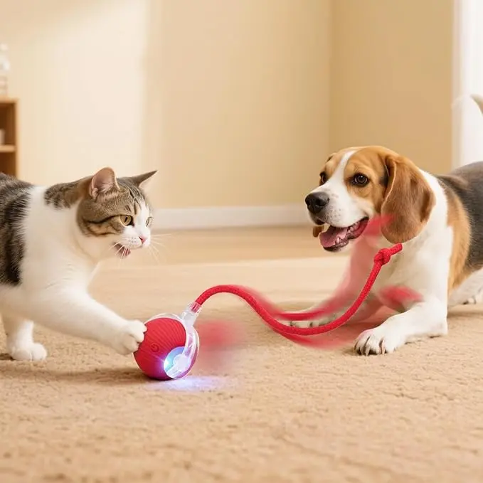 Smart Interactive Automatic Electric Rolling Moving Rechargeable Motion Activated Self Play Electronic Stimulation Chase Teaser Ball Toy with Rope for Indoor Bored Adult Cat and Dog, Red