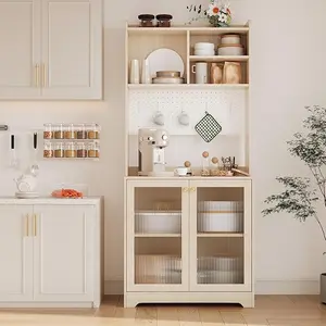 71" Kitchen Pantry Cabinet, Wooden Tall Sideboard Buffet Cabinet with Microwave Stand, Pegboard and Hutch, Pantry Storage Organizers Coffee Bar for Dining Room or Living Room