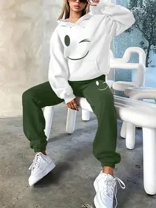 Valentine's Day Thin Spring Fall Fashion Casual Smile Print 2 Pieces Women's Long Sleeve Hoodie + Pants Tracksuit Set, Comfortable Sportswear, Athleisure Style