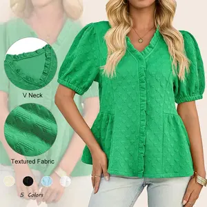 Imily Bela Womens Peplum Puff Sleeve Tops Dressy Casual Summer Textured Blouses V Neck Ruffle Pleated Shirts