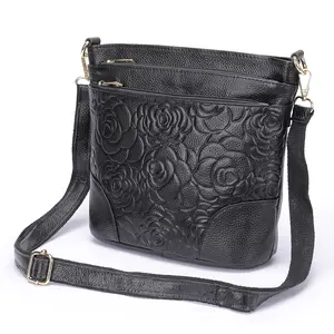 Black leather crossbody bag, large capacity, multiple zippered pockets, commuter bag.