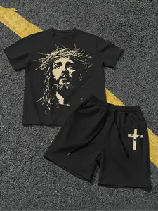 Men's Vintage Christian Theme Set, Jesus Portrait Loose T-Shirt & Cross Print Shorts, Casual Streetwear Style, Graphic Pattern, No Button, No Zipper, No Collar