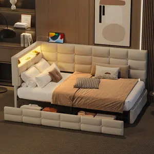 Twin Size Daybed with Charging Station and 2 Storage Drawers, Linen Upholstered Twin Sotage Bed Frame with LED Lights and Storage Headboard, L-shaped Corner Bed Twin Size, No Box-Spring Needed, Beige