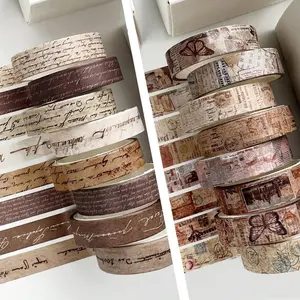 16 Rolls  Washi Tape Set with Handwritten Text, Retro Junk Books Design, Thin Retro Decorative Antique Patterns Masking Tape for Scrapbook, Journals, Planners, DIY Crafts