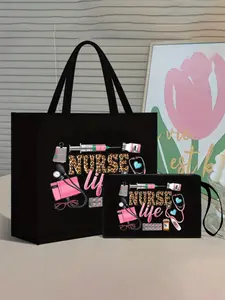 Nurse Print Handbag, Lightweight Shopping Bag, Portable Travel Beach Bag, Makeup Bag, Stylish Versatile Bag, Artistic Letter and Pattern Design, Ideal for Women