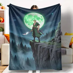 Moonlight Warrior Flannel Blanket Samurai Sword and Full Moon Print Soft Warm Durable Lightweight Cozy Decorative Throw Perfect for Bedroom Living Room Sofa Office Gift tiktokshopspringglowup