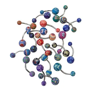 Pack of 10 14G Externally Threaded Clay Flower Design Ball End Curved Barbell Belly Button Ring Surgical Steel Navel Piercing Jewelry