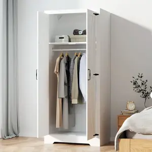 70.8" Wooden Wardrobe Cabinet with Independent Metal Storage, Two-Door Design, Adjustable Bookshelf, Anti-Tipping, Easy Assembly for Bedroom & Living Room