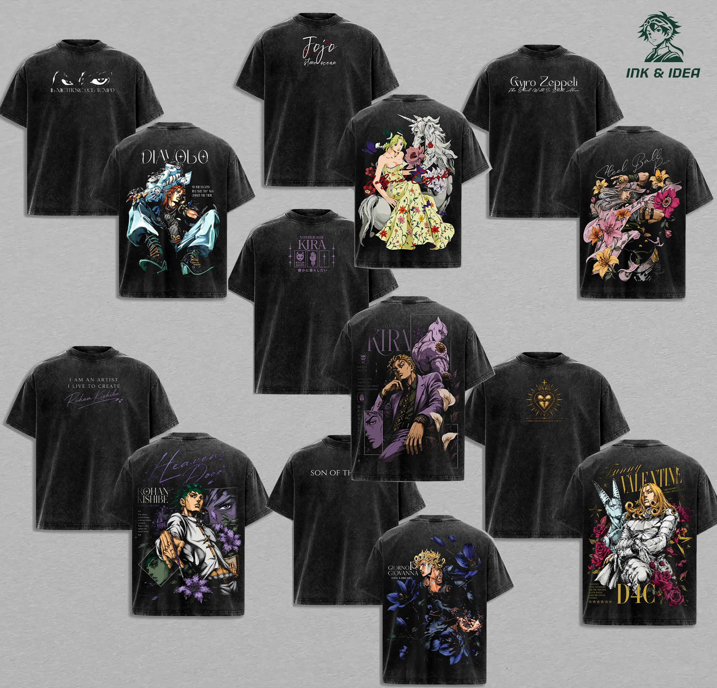 Collection JoJo's Bizarre Adventure Vintage Washed Anime Tee Bundle Dio Brando Giorno Giovanna Yoshikage Kira Jolyne Cujoh Gyro Zeppeli Funny Valentine Rohan Kishibe Heavyweight Cotton Graphic T-Shirt Manga Streetwear Unisex Apparel Gift for JoJo Fans