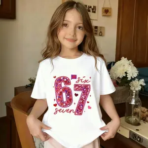 Fashionable Versatile Girls Cotton T-Shirt, Pink Sequin Numbers 67 Graphic Print Short Sleeve Top, Skin-Friendly Lightweight Round Neck Tee, Cute Funny Casual Apparel, Ideal For Family Gatherings, Spring And Summer Daily Wear For Little Girls