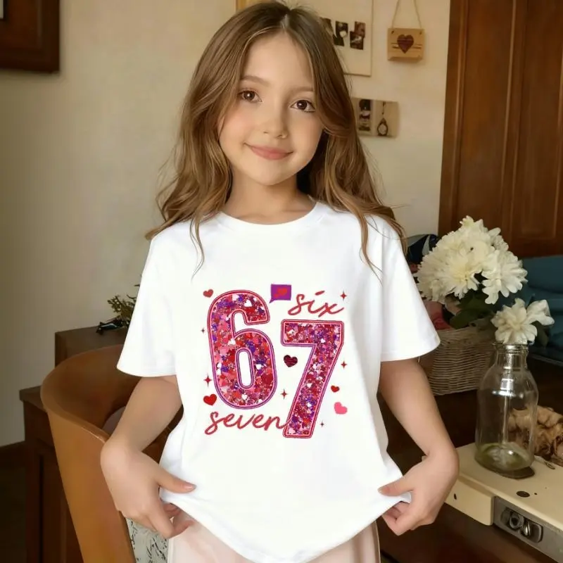 Little Girls' Fashionable Cotton Tee - Pink Sequin 67 Graphic Print, Short Sleeve, Round Neck, Skin-Friendly Lightweight, Cute Cotton Tee with Pink Sequins Add Playful Shine, Casual Apparel for Family Gatherings, Spring Summer Wear