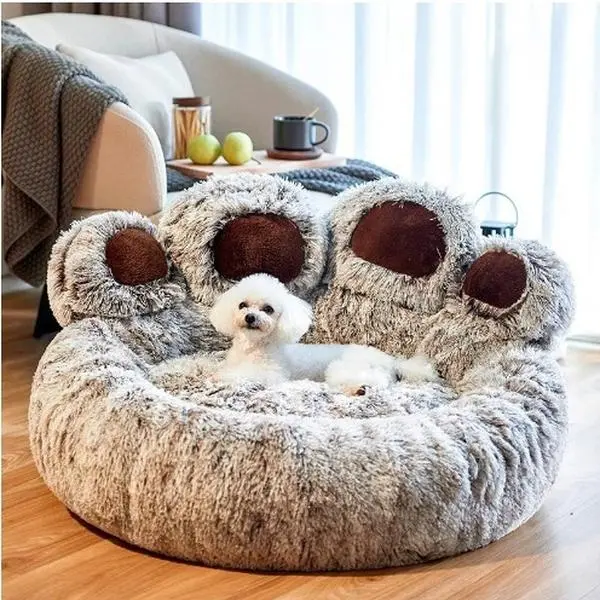 Classic Giant Paw Print Cotton Shaggy Fur Heated Donut Dog Bed - Non-Slip Base, All Seasons Cozy Selfwarming Nest, Comfortable Sleeping Pad, Calming Hug Bed for Large Dogs, Donut-Hole Rest Spot