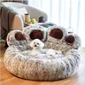 Classic Giant Paw Print Cotton Shaggy Fur Heated Donut Dog Bed - Non-Slip Base, All Seasons Cozy Selfwarming Nest, Comfortable Sleeping Pad, Calming Hug Bed for Large Dogs, Donut-Hole Rest Spot