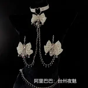 Bowknot Collar with Bell & Matching Leash Rhinestone Fashion Body Jewelry Set for Women Party Daily Wear