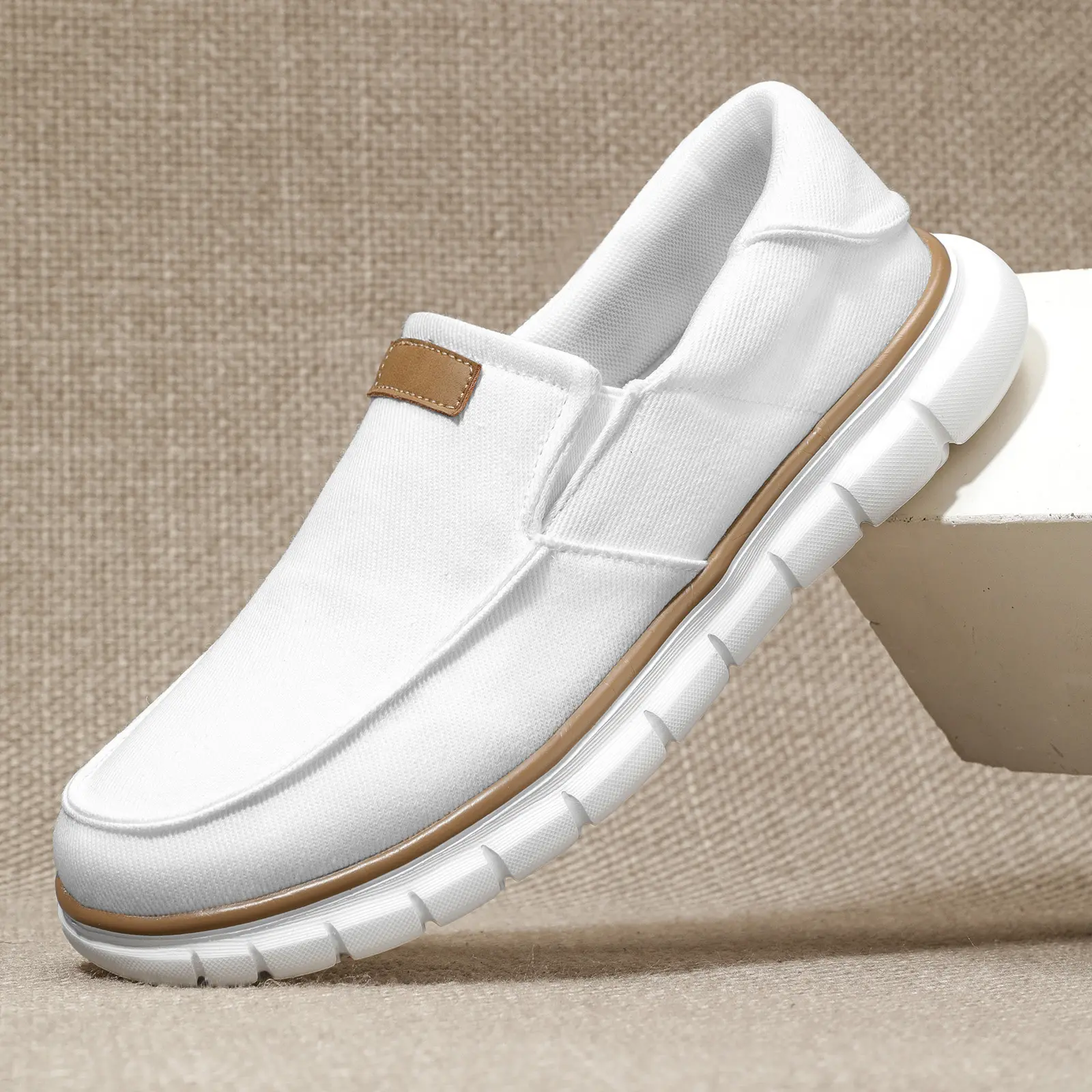 Men's Slip-On Walking Shoes Breathable Canvas Loafers Lightweight Casual Comfortable Moc Toe Sneakers Non-Slip Travel Driving Shoes with Brown Accents,shoes for back to school,back to school shoes