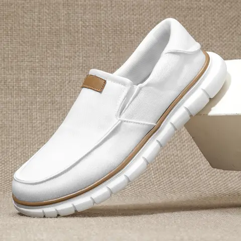 Men's Slip-On Walking Shoes Breathable Canvas Loafers Lightweight Casual Comfortable Moc Toe Sneakers Non-Slip Travel Driving Shoes with Brown Accents,shoes for back to school,back to school shoes
