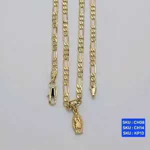Virgin Mary Pendant with Clear Stones and Chain 24 & 18 Inches 3.5 Millimeters Laminated Gold for Baptism and Communion SKU CH08 CH14 SKU KP13