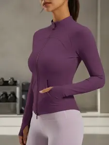 Women's Fitted Long Sleeve Lightweight Sports Jacket, Full Zipper Design, Ergonomic Cut, Dual Pockets, Waist Shaping, Sporty Style, All Seasons, Yoga Jacket Top