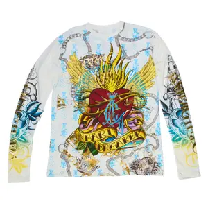 Heart Breaker Long Sleeve Tee - Y2K Style Crew Neck Medium Length 100% Cotton Menswear Top with Metallic Graphics