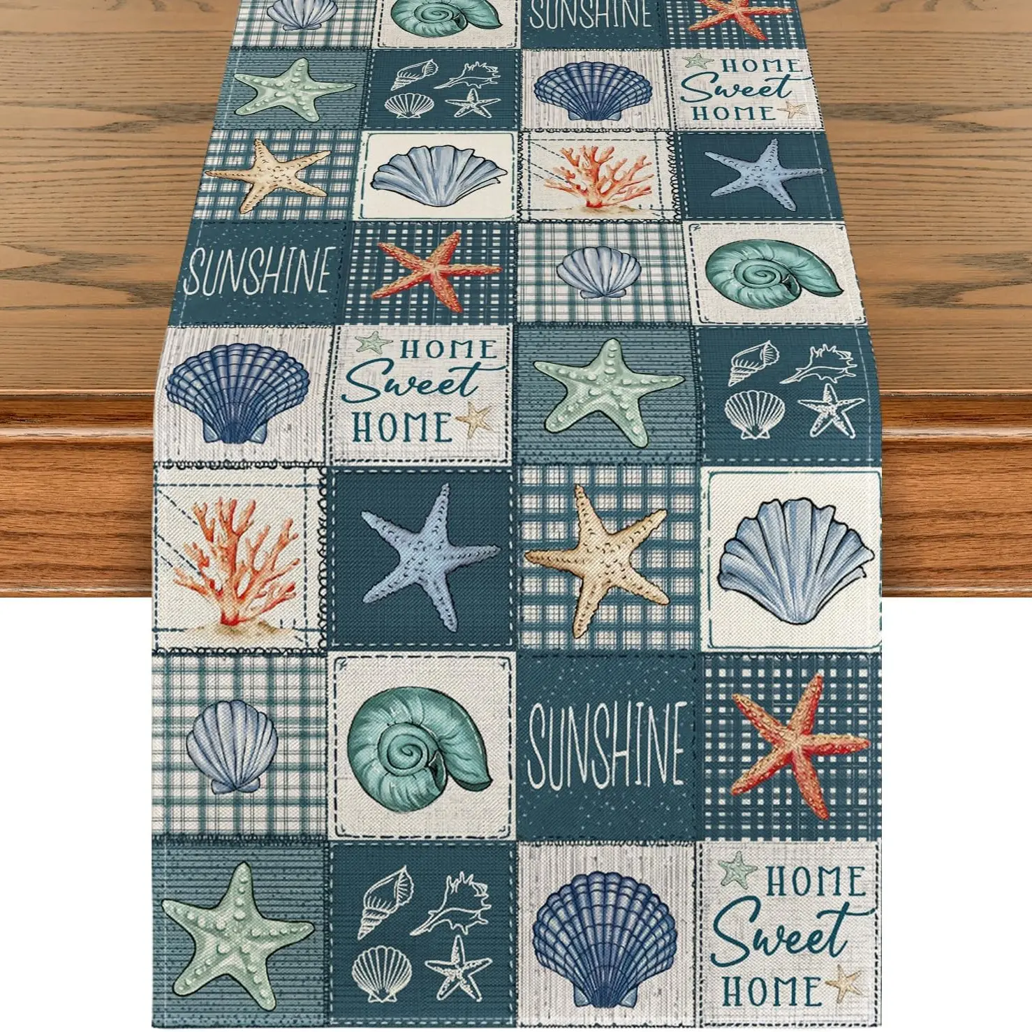 1 PC, Checkered Conch Shells Starfish Summer Table Runner, Seasonal Festive Kitchen Dining Table Decoration For Home Party Decor
